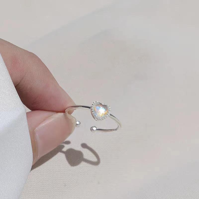 Colorful Moonstone Loving Heart with Opening Female Ring Sterling Silver 925 Affordable Luxury Fashion Design Sense
