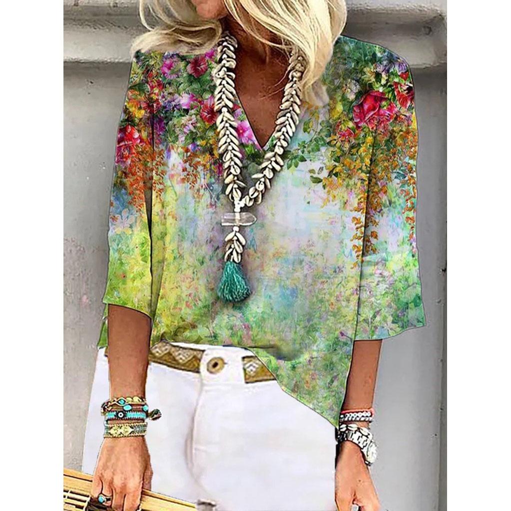 Shirt Women's Fashion Blouse Femme Summer Casual Tops Printed V-Neck Half Sleeve T Shirt Plus Size S-3XL