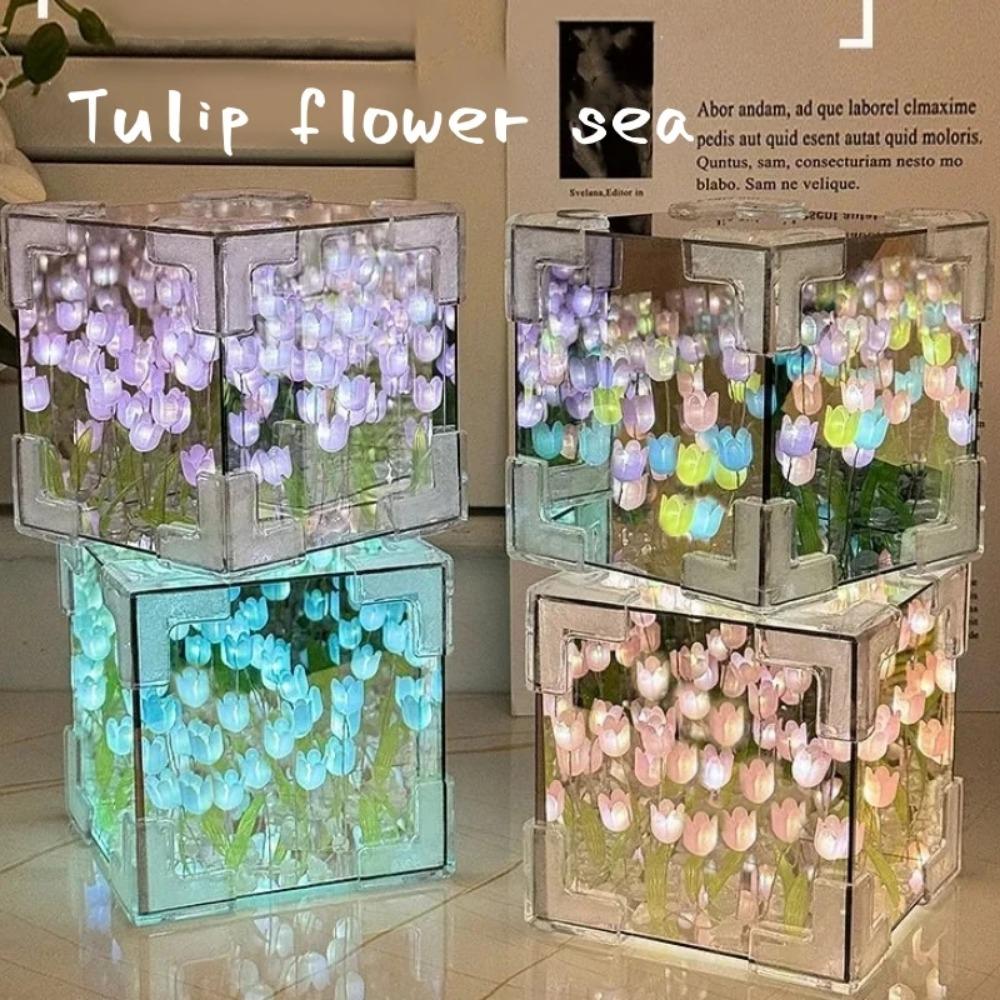 Lampada cubo specchio tulipano fai da te simulazione fiore camera da letto lampada da tavolo per dormire artigianale fatto a mano tulipani specchio luce notturna regalo di compleanno