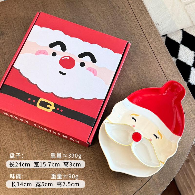

Cute Relief Hand-Painted Santa Claus Christmas Ceramic Plate Underglaze Cake Dessert Plate Tableware Christmas Gift