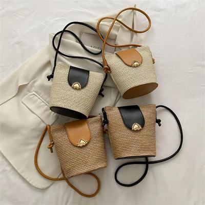 Women's Straw Woven Fashionable Simple Change Phone Purse Vacation Beach Bucket Crossbody Shoulder Bag KTY