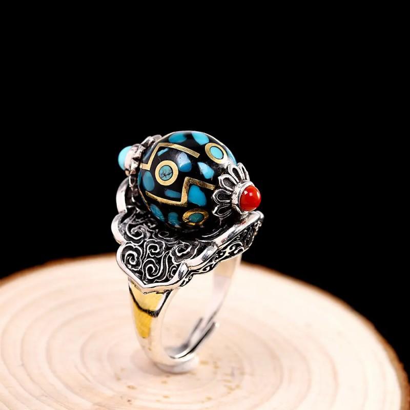 Adjustable Open Ring Men Women Vintage Bohemian Style With Turquoise Dzi Bead Motif Copper Electroplated Geometric Adjustable Open Band