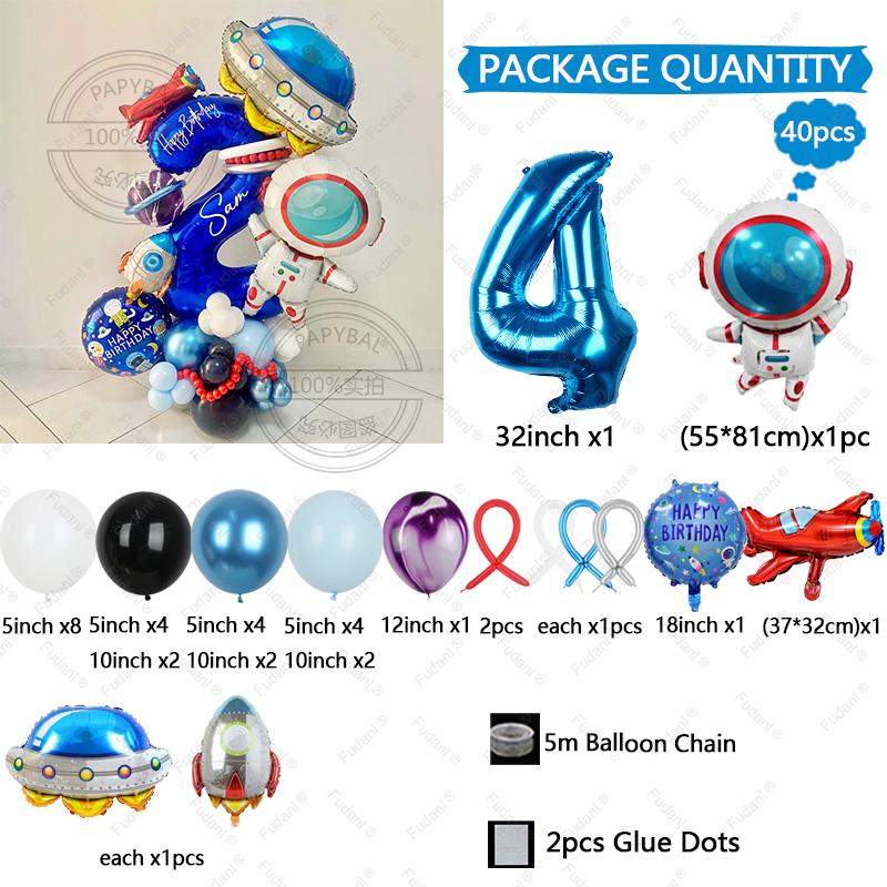 Astronaut Rocket Balloon Blue Space Theme 32inch Number Balloon Set Birthday Party Decoration Children's Baptismal Balloon Gifts