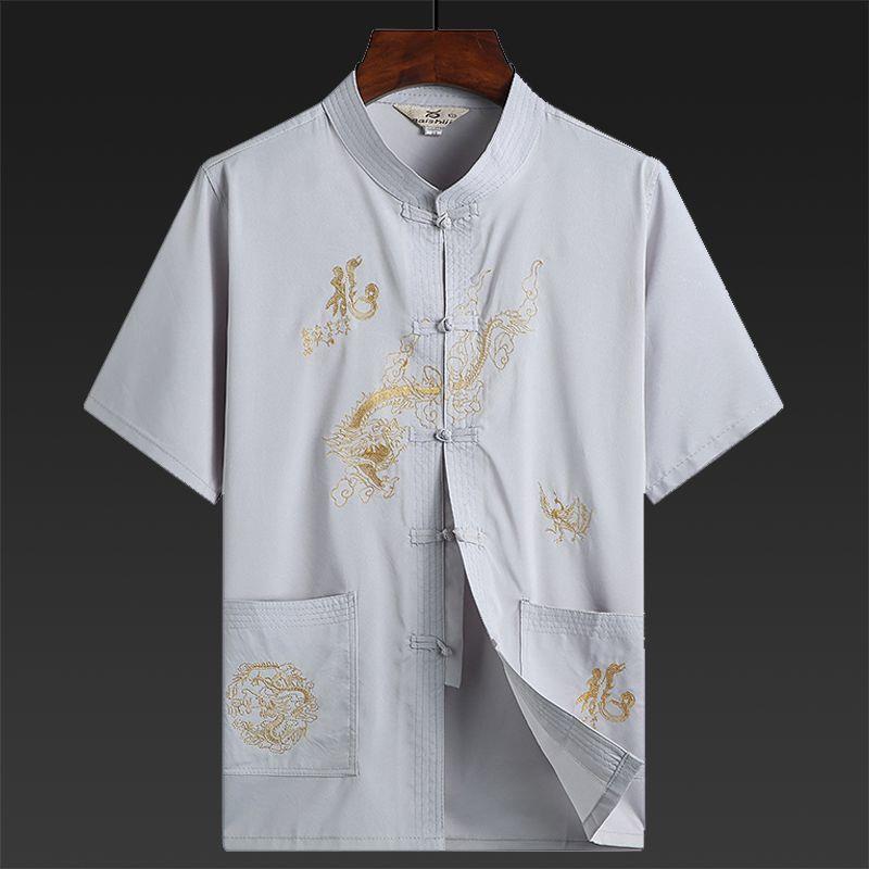 Men's Spring and Summer Vintage Short-sleeved Tops for Middle-aged and Elderly Chinese Style Morning Exercise Tai Chi Clothing