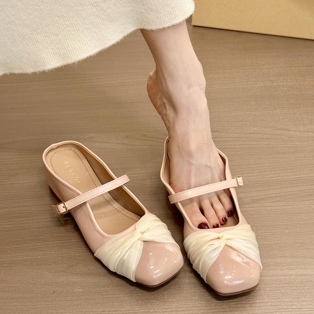 Obediently Milky White! Sweet Square Head Wrinkles Increase Height Baotou Half Slippers Women's 2025 Spring and Summer Outer Platform Single Shoes