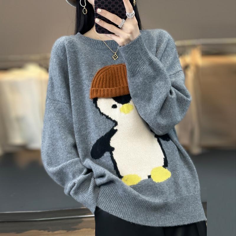 Women's Thickened Loose Cartoon Penguin Wool Sweater, Autumn/Winter, Color Block, Round Neck.