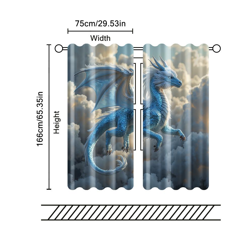 2 Pcs, Filtering Curtains (excluding Rods, Non-movable, Without Batteries) Blue Cloud Dragon (2) for Use In Bedrooms and Living