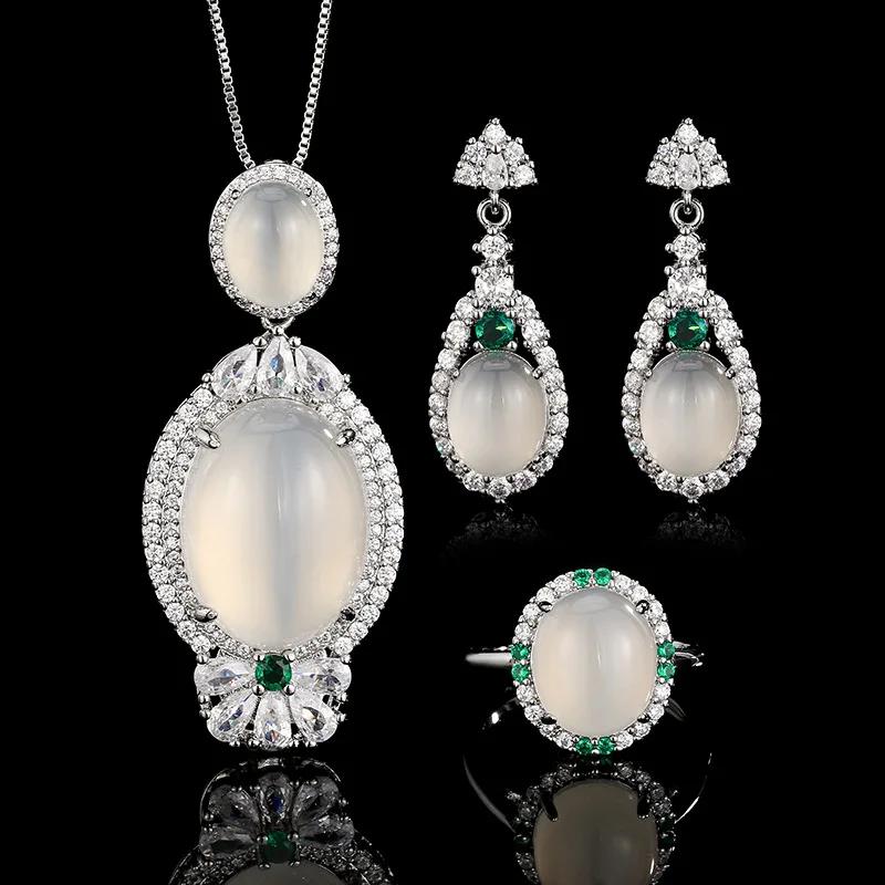 

Vintage Milky White Oval Gem Jewelry Adjustable Ring Statement Necklace Dangle Earrings for Womens Wedding Party Evening Fashion One size