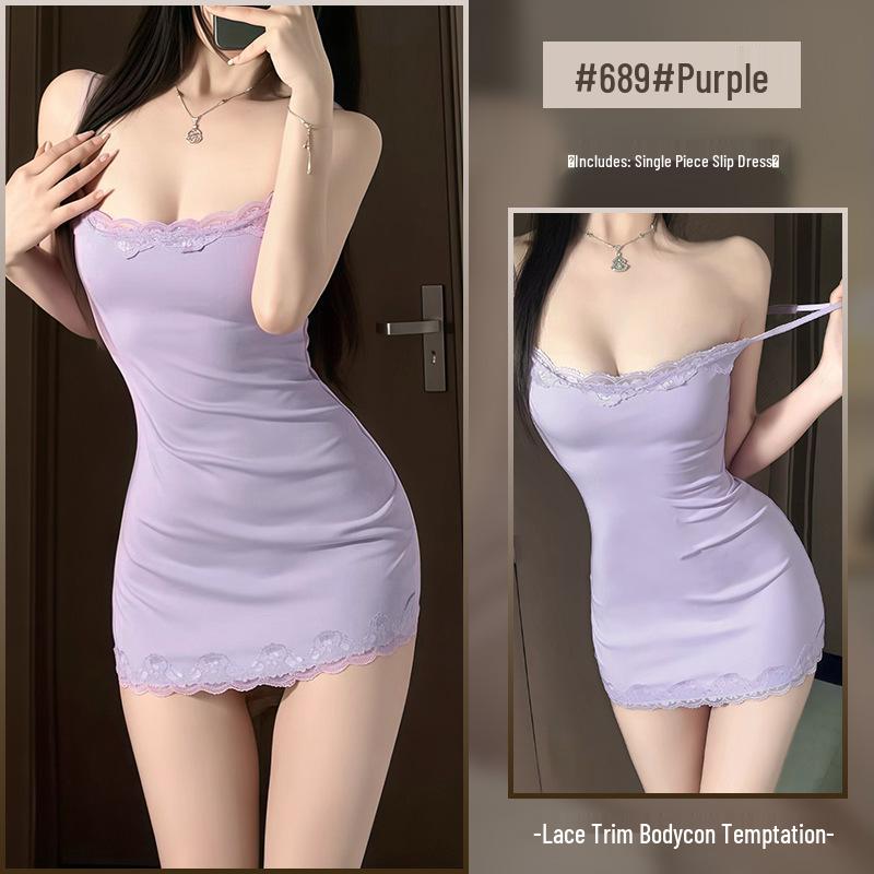 Xianyi Pure Desire Lace Splice Sexy Bodycon Sling Dress - Solid Color Sleepwear 689