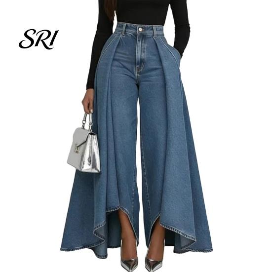 Simple Design Women Trousers Pants High Waist Buttons Zipper Closure Denim with Everyday Pockets Irregular Large Hem Wide Leg Solid Color Casual Loose