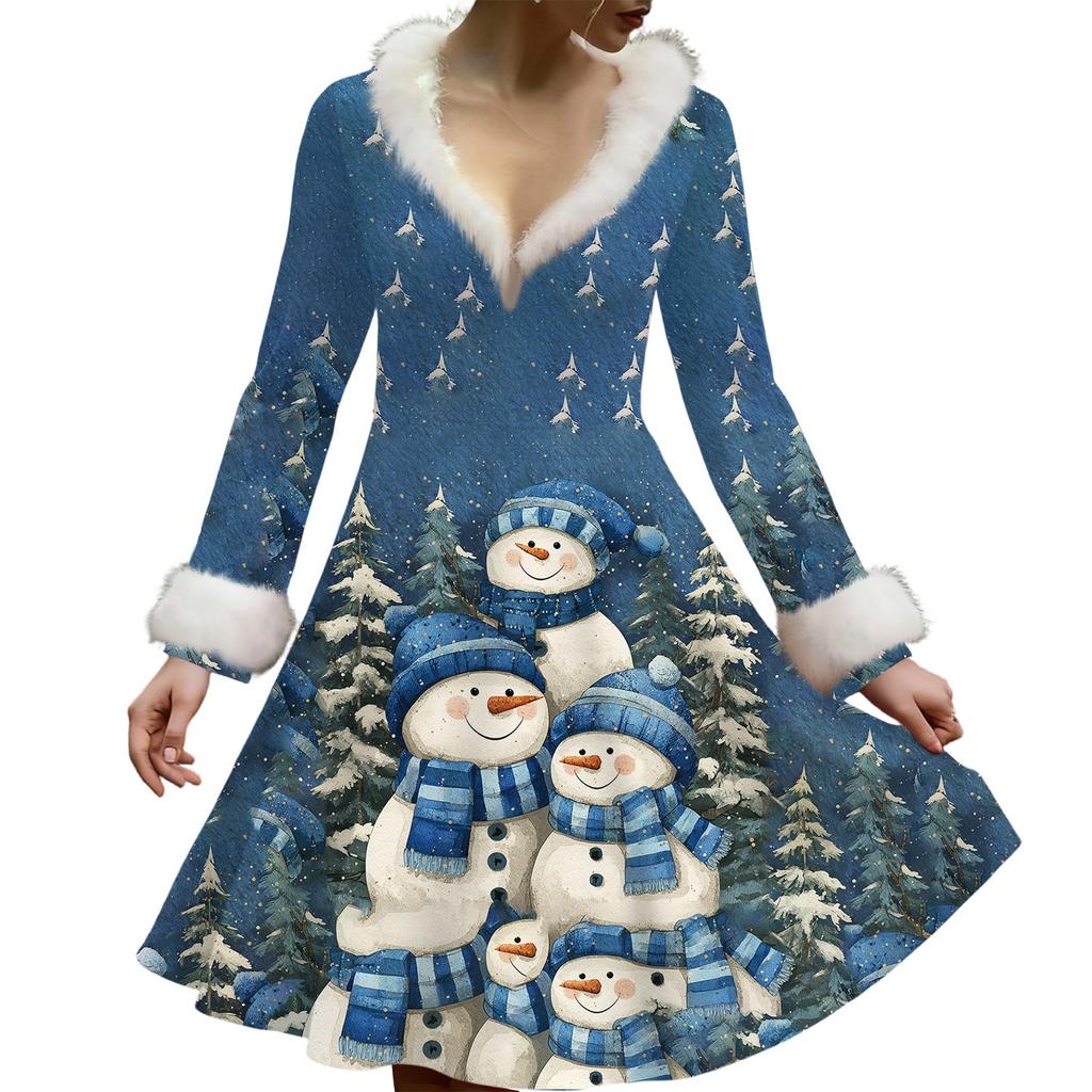 Women's Casual V-neck Christmas Print Plush Long-Sleeve Casual Dress