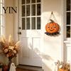 Outdoor Ghost Door Decorations Halloween Wooden Hanging Pendant with Lanyard, Retro Ghost/Pumpkin/Skull/Black Cat Black Wall Art for Front Porch Party