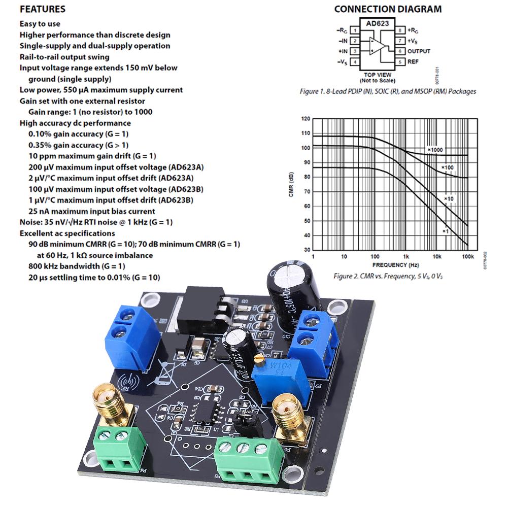 AD623 Voltage Amplifier  Module Adjustable Instrumentation Amplifier Single Supply Single Ended 