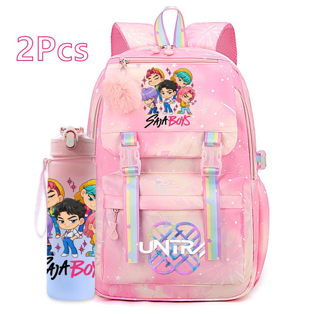 2Pcs/set Anime Cartoon Kpop Printed Backpack with 750Ml Water Bottler Large Capacity Travel Bag for Teenager Girl Boy Bookbag Kid Gift Rucksak