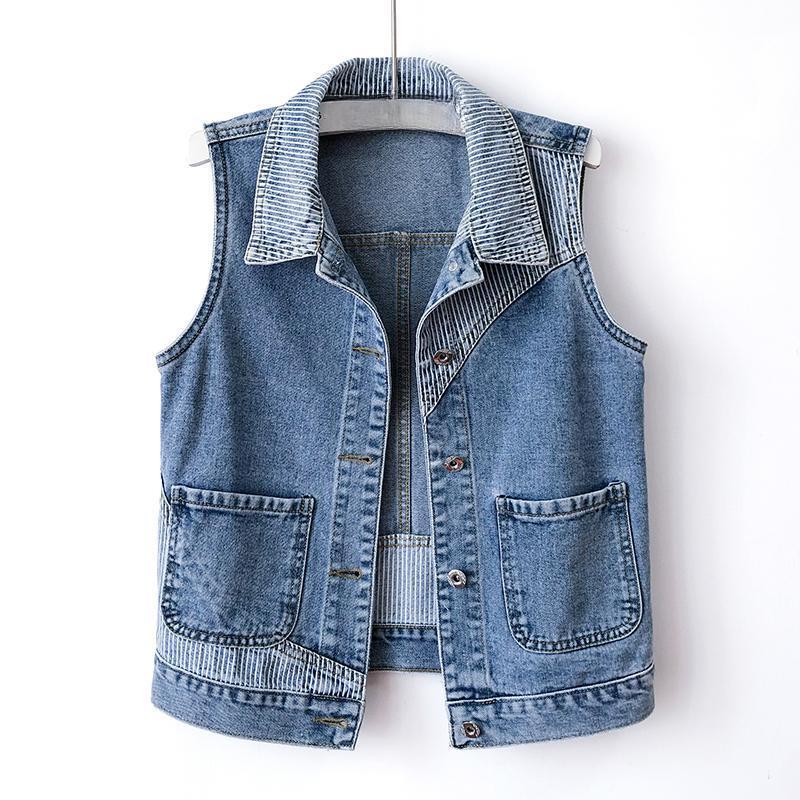 Trendy Striped Denim Vest Women Short Jacket Slim Fit Casual Spring Fall Fashion