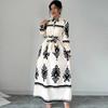 Fashion Women Dresses 2025 Spring Autumn Long Dress Long Sleeve Turn Down Collar Print Black Women Dress J882