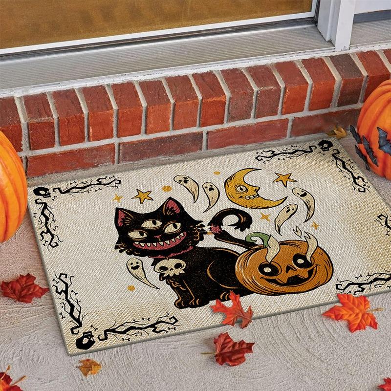 Halloween Theme Door Mat With Cute Pumpkin Ghost Black Cat Spider Patterns Soft Decorative Entryway Rug For Home Indoor