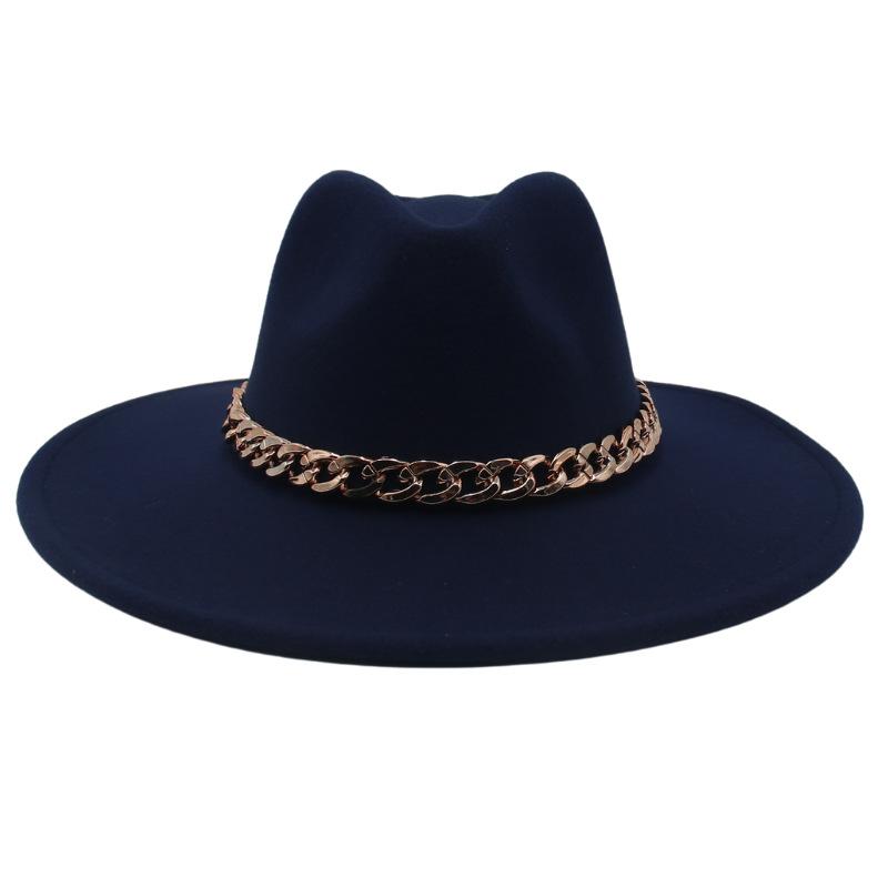 Big Brim Gold Acrylic Chain Felt Hat Solid Color Cashmere Jazz Hat French Top Hat