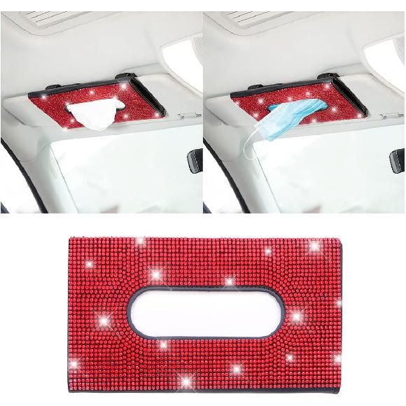 Bling Car Sun Visor Tissue Box Holder, Rhinestone PU Leather Crystal Sparkling Napkin Holder, Backseat Paper Towel Cover Case Car Accessories for