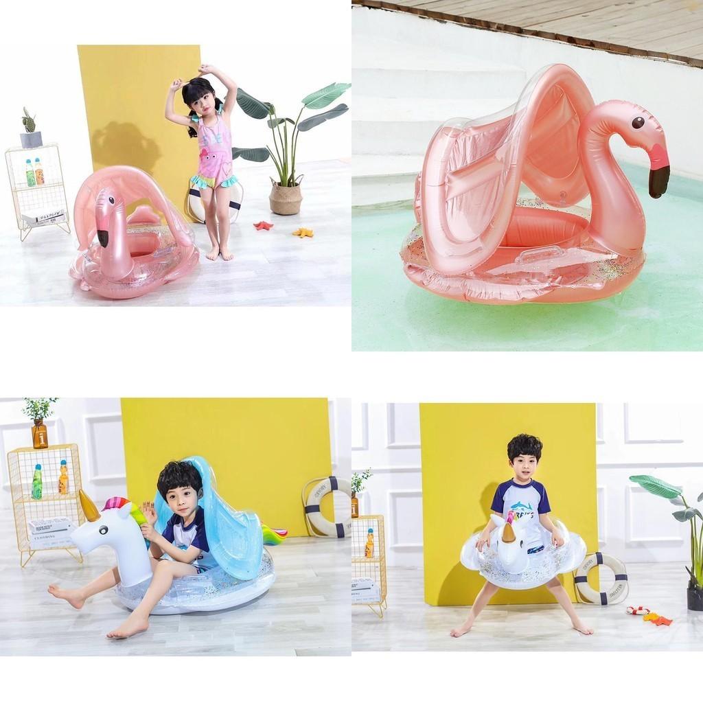 Baby Inflatable Swimming Ring With Sunshade For 1-3 Year Old Boys And Girls Cartoon Pattern Anti-flip Pvc Material Lightweight 580g