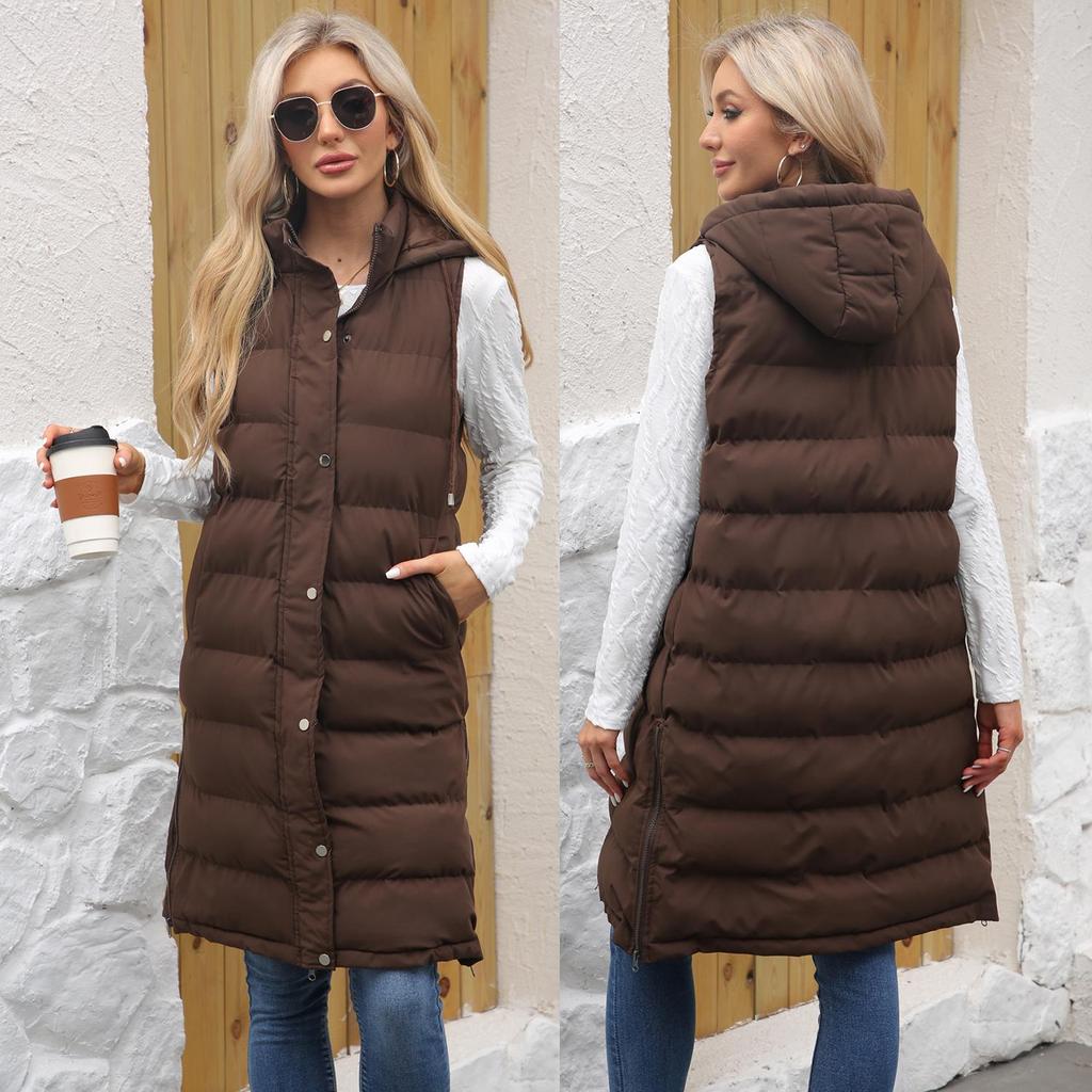 Women’s Coats Hooded Sleeves Long Style Solid Color Vest Quilted Jacket Autumn Winter Thick Warm Outer Wear
