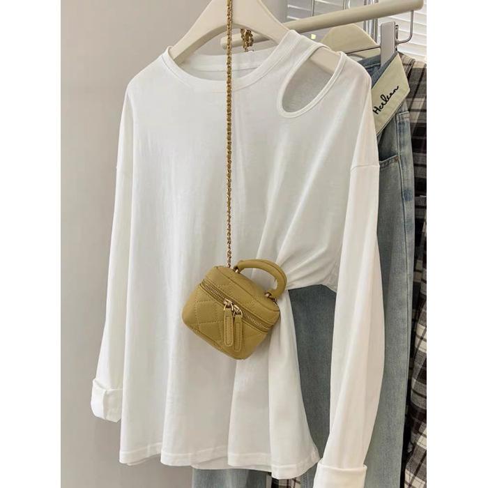 

Plus Size Pure Cotton Off-the-Shoulder Hollow-Out Long-Sleeve T-shirt for Women - Spring/Autumn 2026 L (Up to 145 Jin) белый