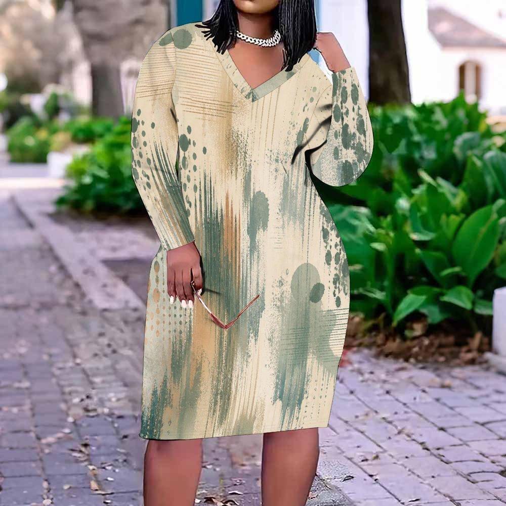 Women Plus Size V Neck Long Sleeve Geometric Printed Fitted Knee Length Dress