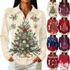 Casual Dames Top met Lange Mouwen, Kerstprint, Knoopsluiting aan de Voorkant, met Kraag en Zijsplitten