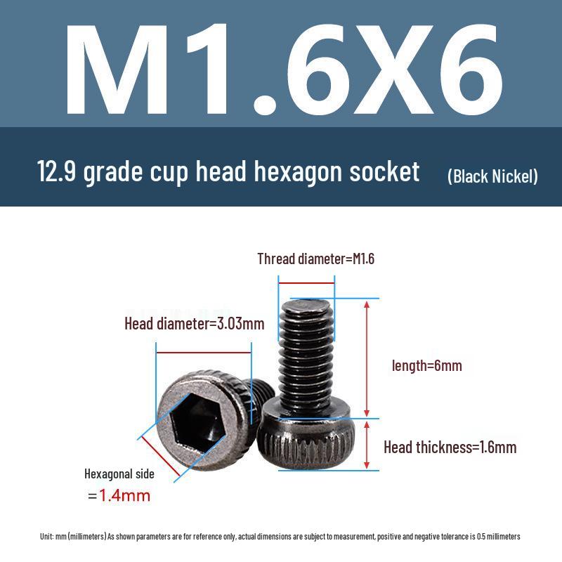 Yigu High-Strength Black Nickel Hex Socket Screw, M1.6-M4, Knurled Cup Head Bolt, 12.9 Grade.