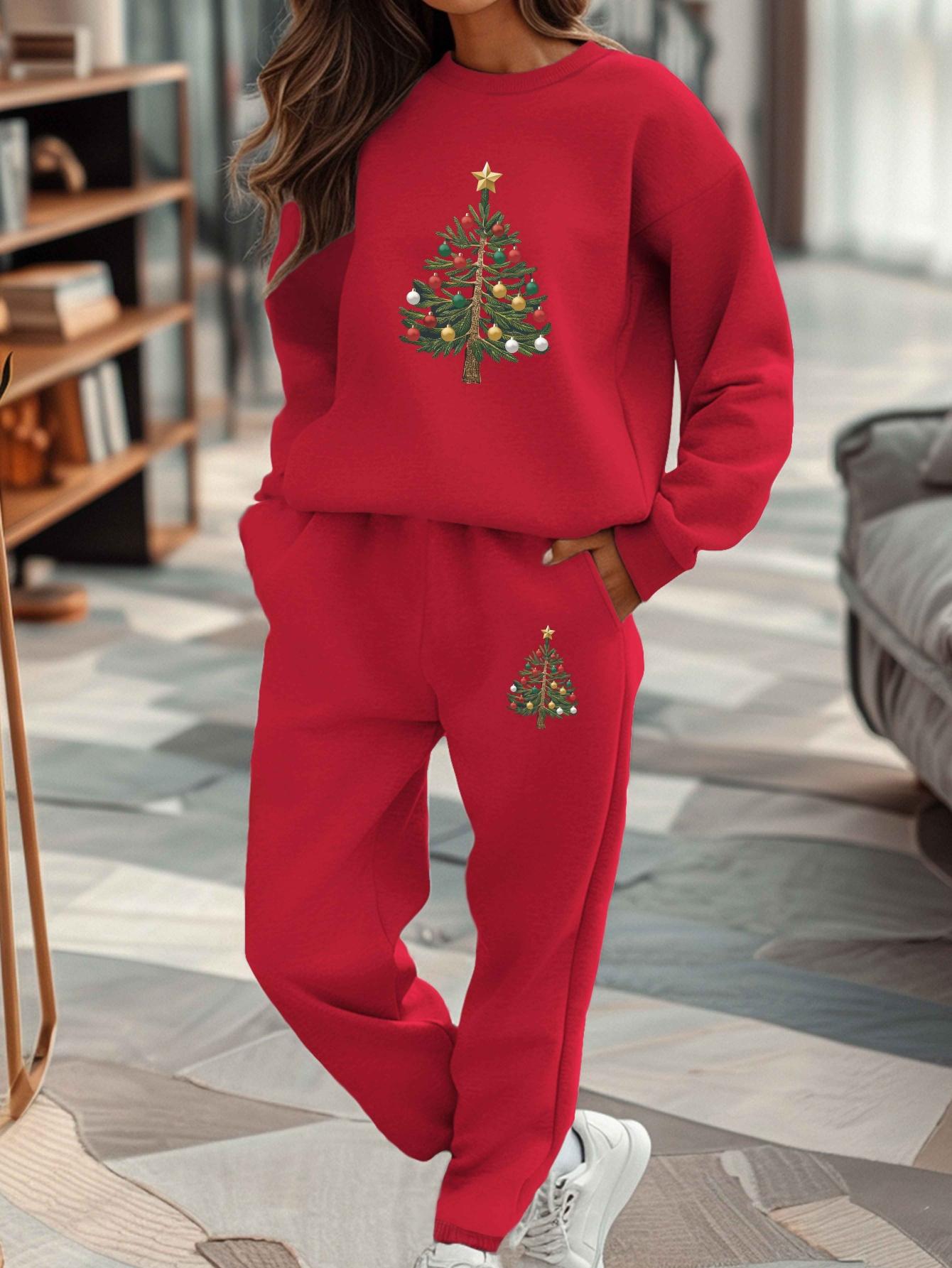 

Праздничный женский комплект свитшот и спортивные штаны с рождественской елкой XXL красный