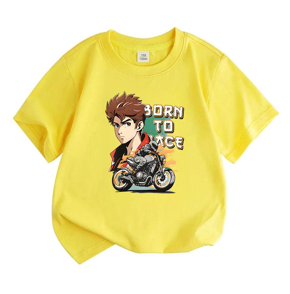 Kids Boys Girls 100% Cotton Crew Neck Short Sleeve T-Shirt, Anime Biker Print Born To Race Casual Breathable Summer Tee Tops for Little Teens Children