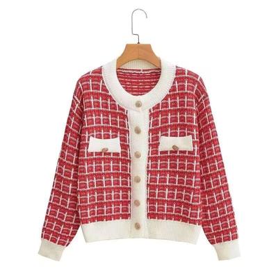 Frühen Herbst Pullover Frauen Strickjacke Neue Jahr 2023 Frühling und Herbst Checker Rot Kleine Duftenden Mantel O Neck Pullover