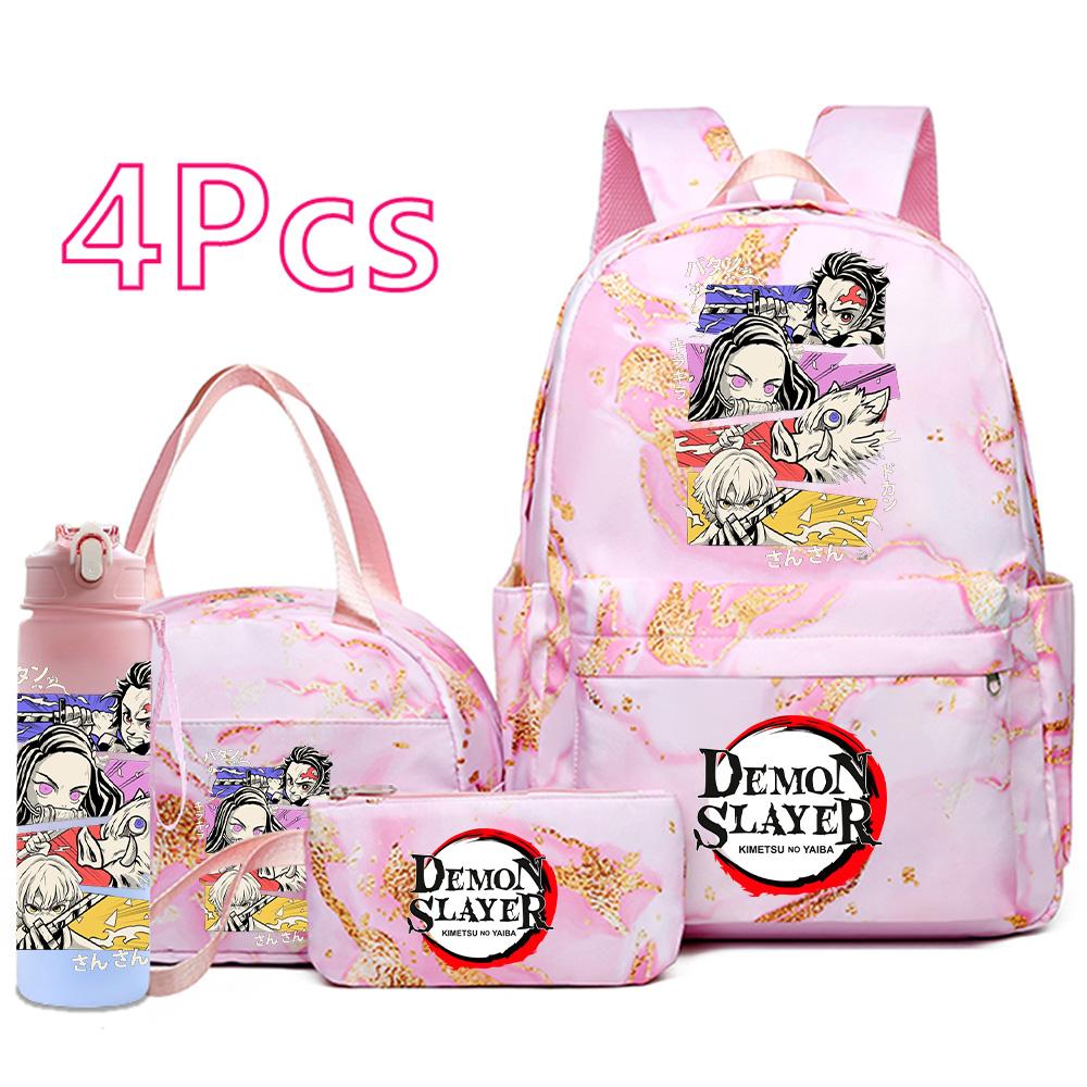 

4Pcs/set Anime Demon Slayer Printed Backpack Handbag Pencil Case 750Ml Water Bottler for Teenager Boy Girl Schoolbag Large Capacity Waterproof Bookbag