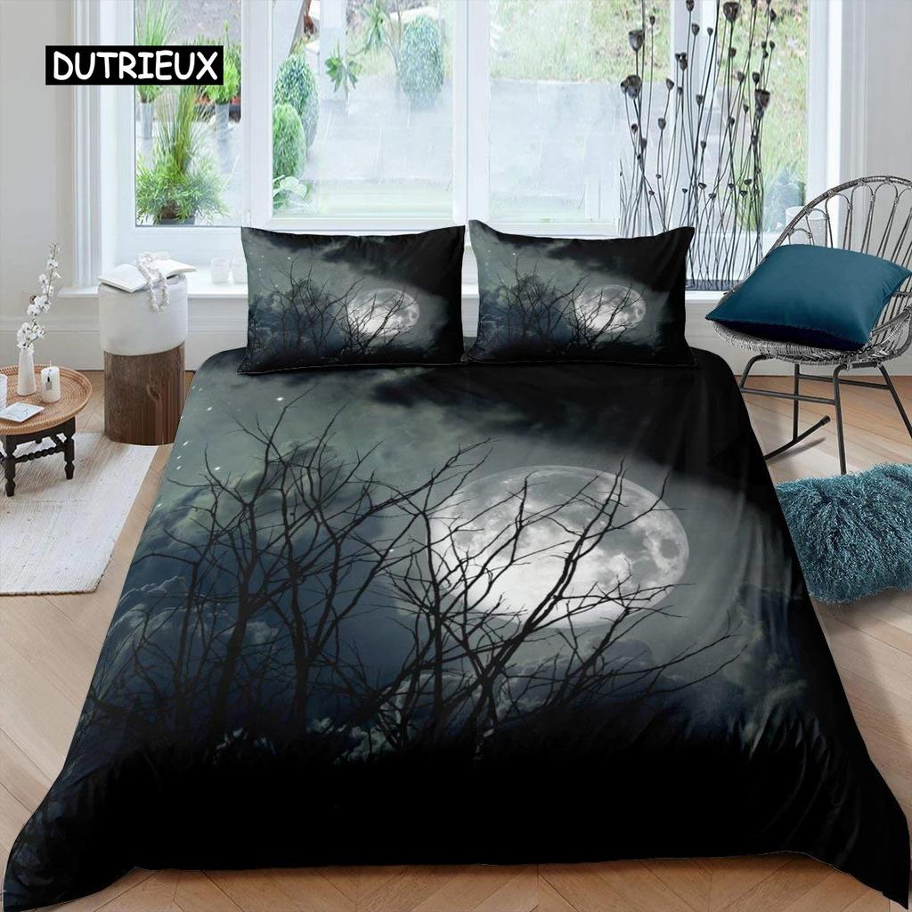 Pościel Królowa Król Motyw Horroru Poszewka na Kołdrę Gotycka Upiorna Poliester Poszewka na Kołdrę Gałęzie Szara Poszewka na Kołdrę Drzewo Halloweenowe