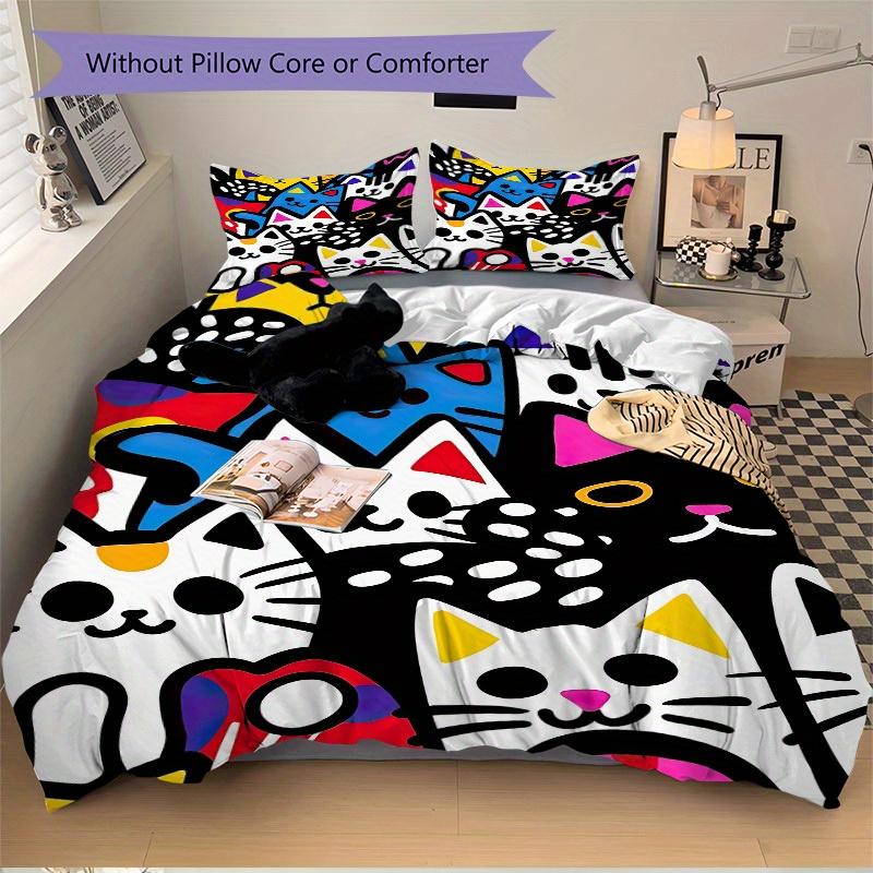 3pcs Colorful Cats Bedding Set, Ideal for Home Use, Suitable for Bedroom Decor (1*Duvet Cover + 1/2*Pillowcases, No Core) Yy250821232