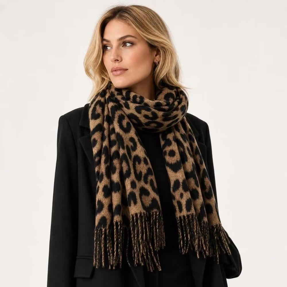 Fleece Leopard Print Scarf Thick Scarves Retro Winter Shawl Wrap  Daily Commute