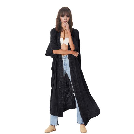 

Женский пляжный кардиган с солнцезащитным кремом и защитой от ультрафиолета, с длинными рукавами, кружевное бохо-стильное бикини, накидка, тонкая, длиной до икр, для отдыха, повседневное пальто в стиле досуга чёрный