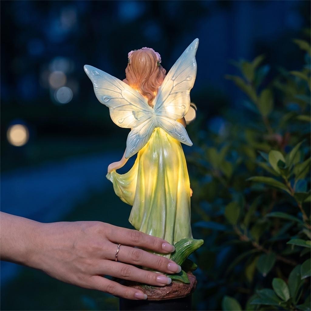 Resin Fairy Figurine Garden Decoration Solar Powered Night Light Outdoor Patio Yard Miniature Landscape Ornament