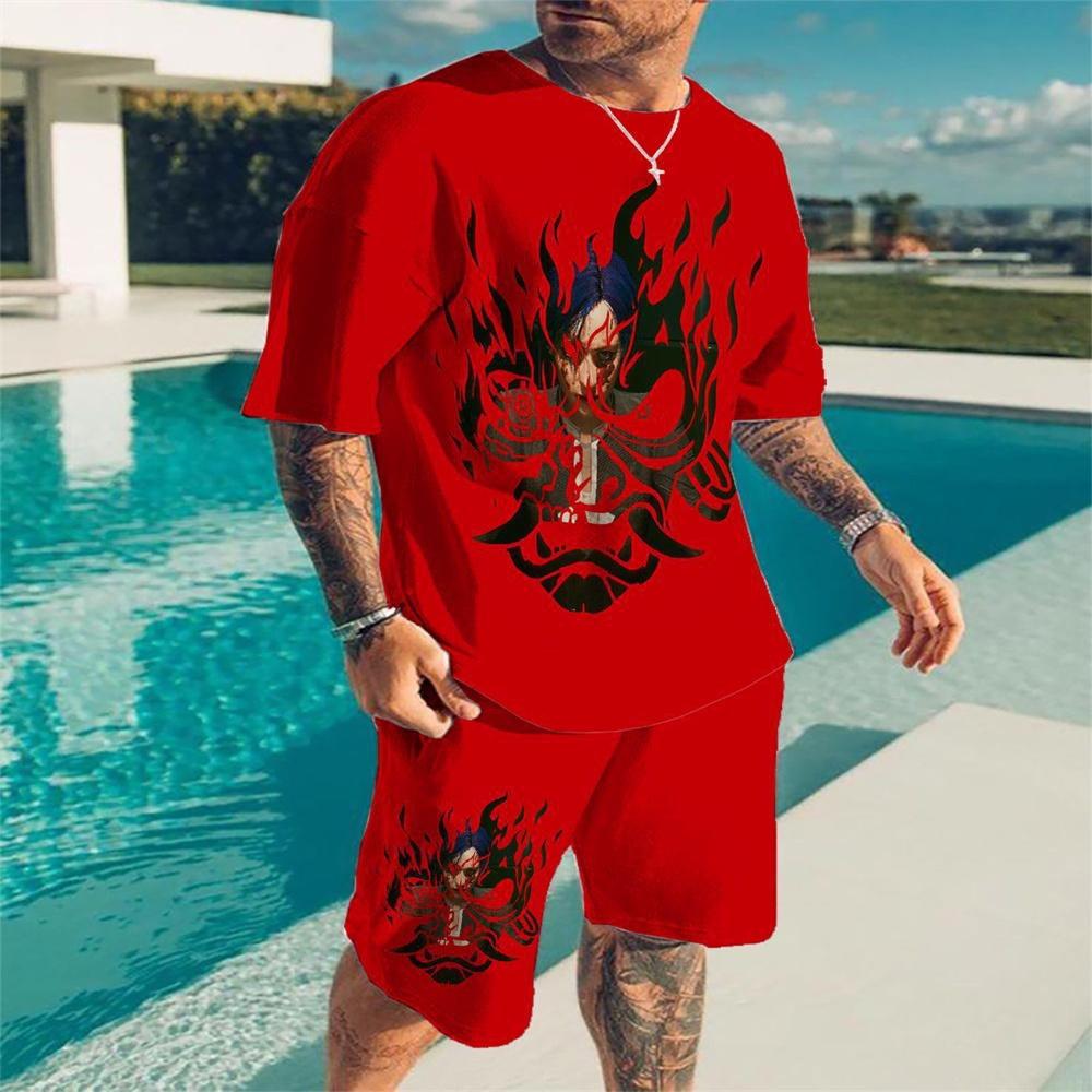 

Летний крутой уличный свободный мужской комплект футболок с 3D-принтом, модная повседневная футболка из двух предметов, спортивная одежда 6XL