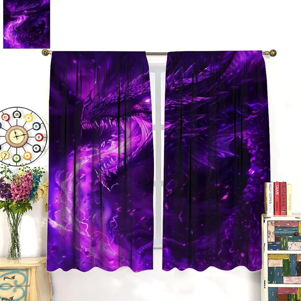 Fantasy Dragon Curtains   Mystery 3D Purple Magic Fantasy Lightning Dragon Flame Window Treatments   Thermally Insulated Rod Pocke