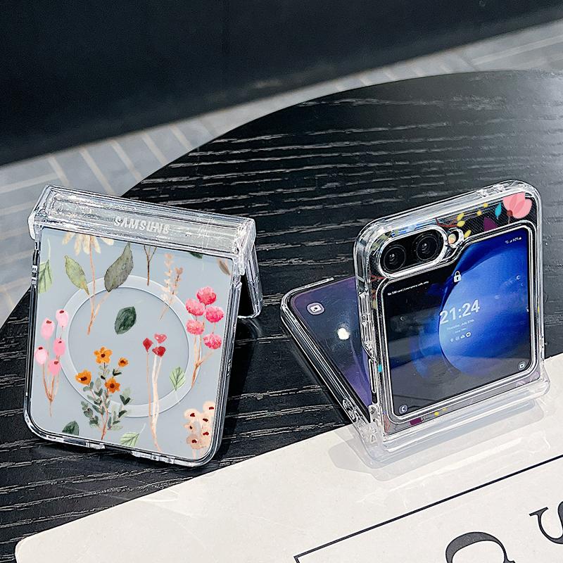3PCS Foldable Shockproof Case for Samsung Z Flip6 Flip5 Flip4 for Magsafe Magnetic Beautiful Flower Pattern Clear Hard Pc Slim Case Cover