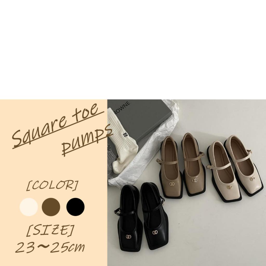 Pumps Shoes with Straps Square Toe Low Heel Pointed [1/2plus] 2/2plus Women's (Off White, 23.5 cm)
