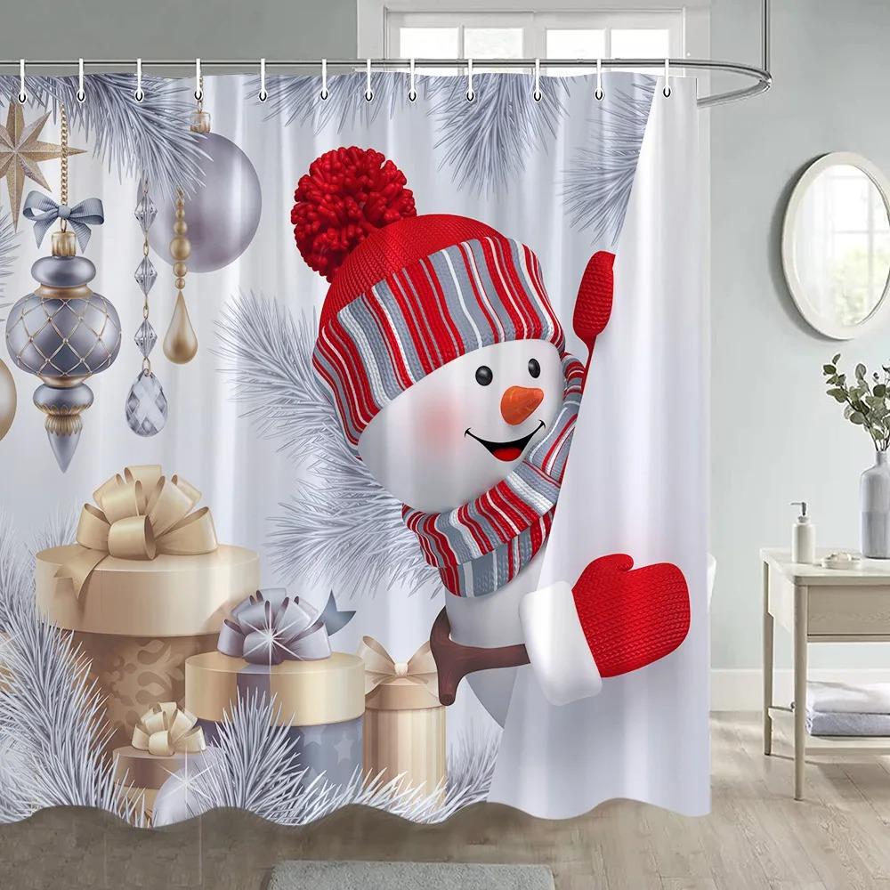 Christmas Winter Snowman Cardinal Holly Funny Cute Red White Shower Curtain Polyester Machine Washable for Xmas Bathroom