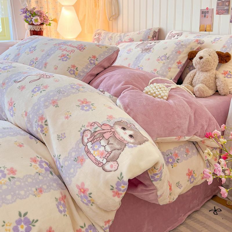 Winter Milk Fleece Bedding Set Coral Thick Sheet Duvet Cover Student Dorm