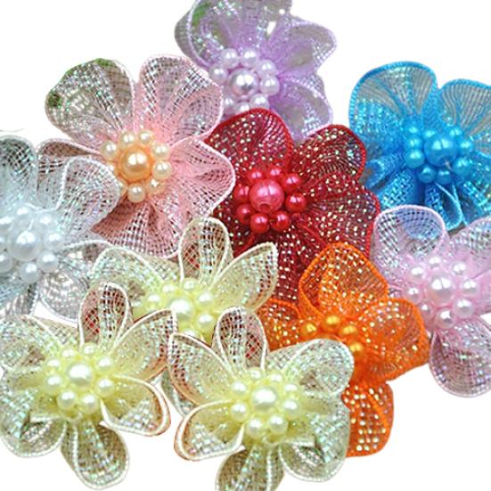 10Pcs Mixed Color Mini Organza Ribbon Bead Flower Wedding DIY Craft Appliques