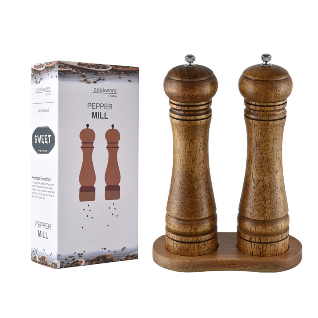 Wooden Pepper Mill Set of 2 with Base, Premium Ceramic Grinder Core, Adjustable Coarseness for Salt & Spices, Kitchen Tool