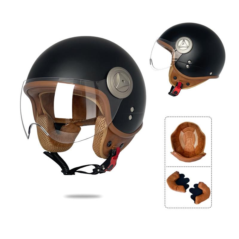 

VOSS New3C Certified retro leather patchwork electric vehicle and motorcycle helmet, unisex, suitable for all seasons, large size, safe and anti-fog M матовый черный