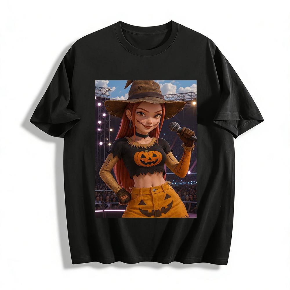 

Halloween Pumpkin Print Fake Two-Piece Top Festival Party Scarecrow Style Cropped T-Shirt for Women Pure cotton T-shirt 6XL