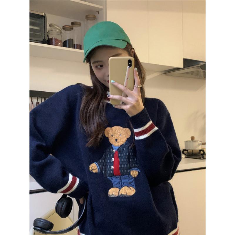 Kreslený medvídek výšivka pletený pulovr podzim zima dámský oversize svetr ležérní tlustý teplý sladký kawaii svetry