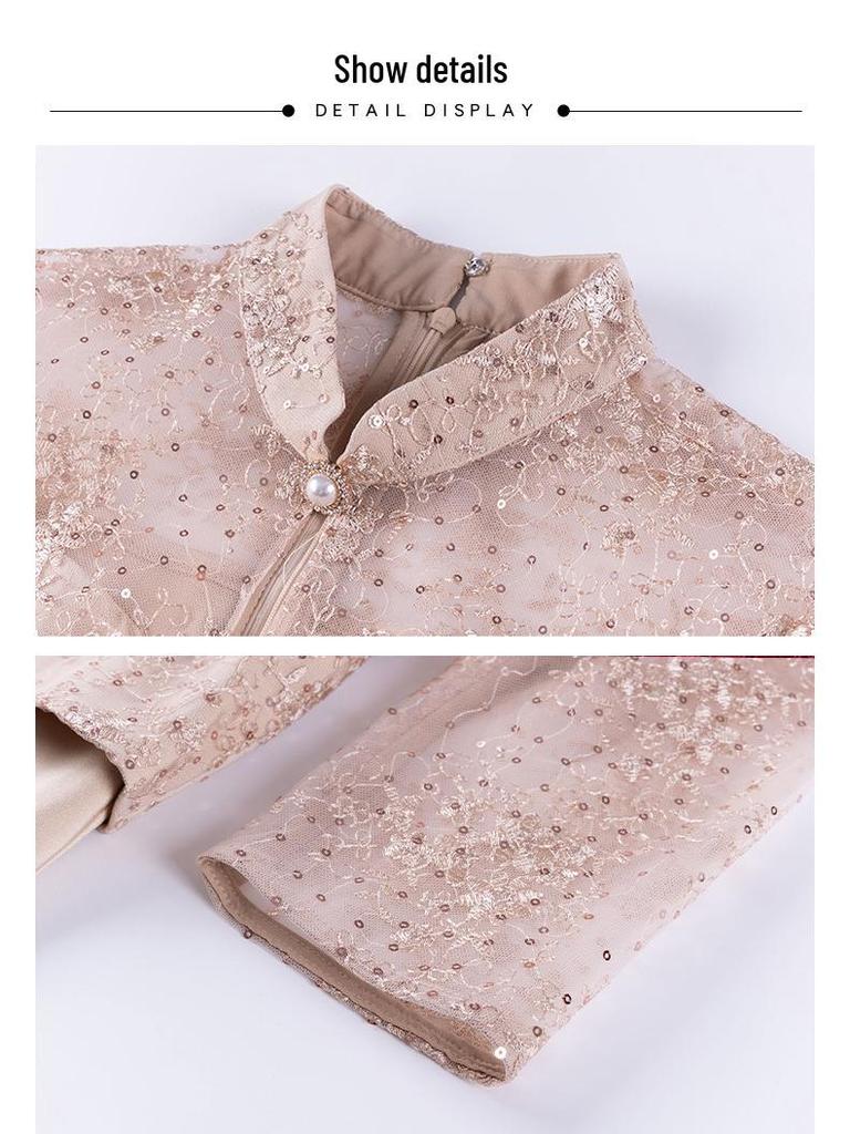 Champagne Qipao Dress - 2024 Spring Collection for Middle-Aged Women
